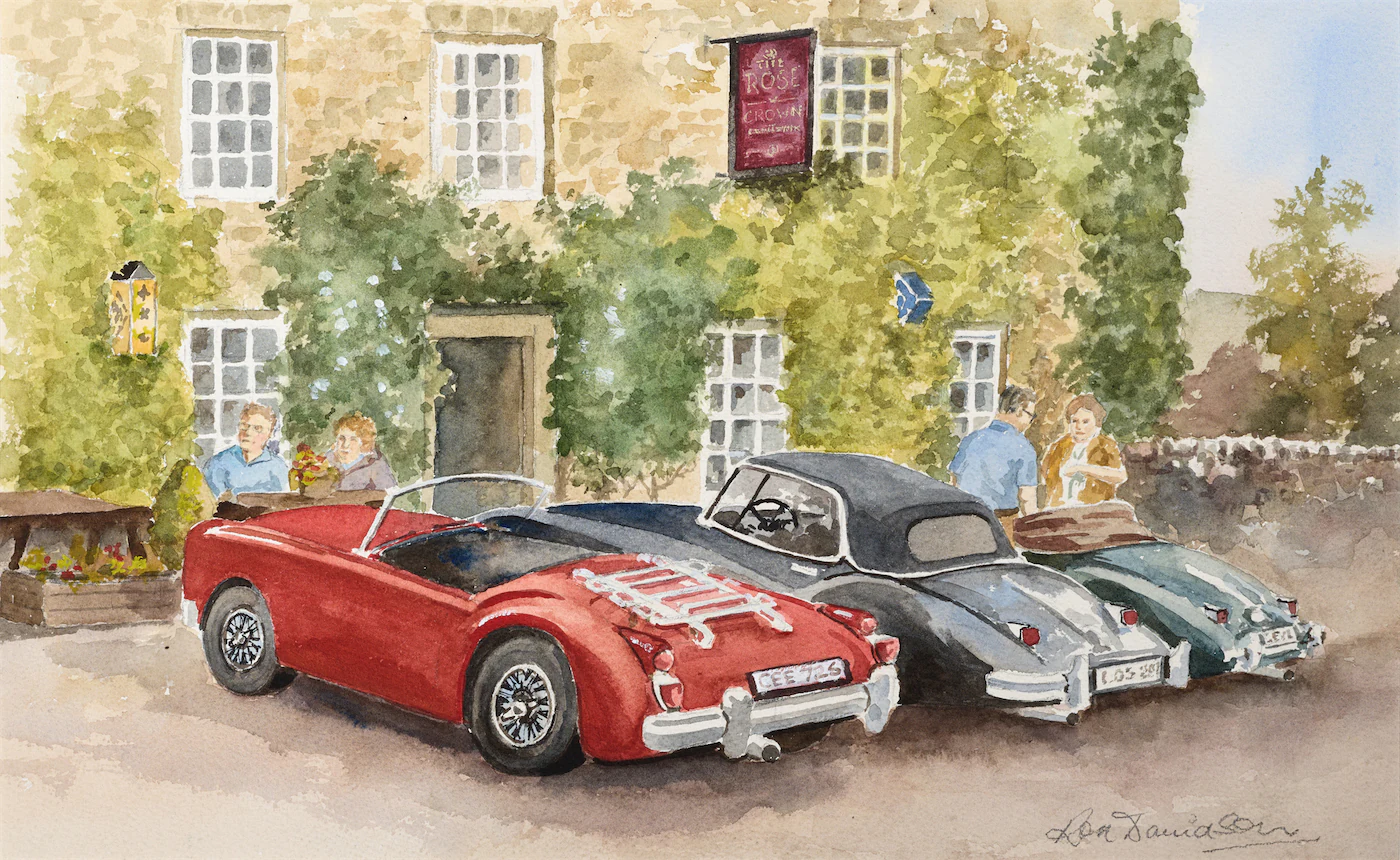 Refuelling at the Rose & Crown, a painting by Ron Davidson
