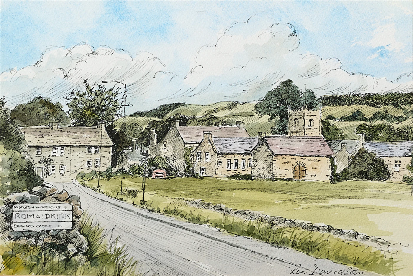 Arriving into Romaldkirk, a painting by Ron Davidson