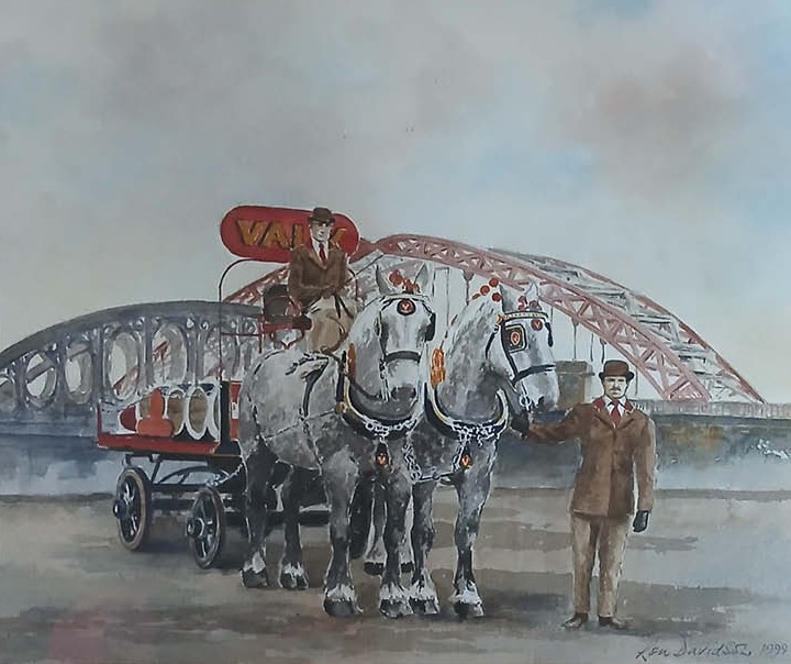 Ron Davidson’s watercolour of a Vaux horse-drawn dray in front of the Wearmouth Bridge, 1999